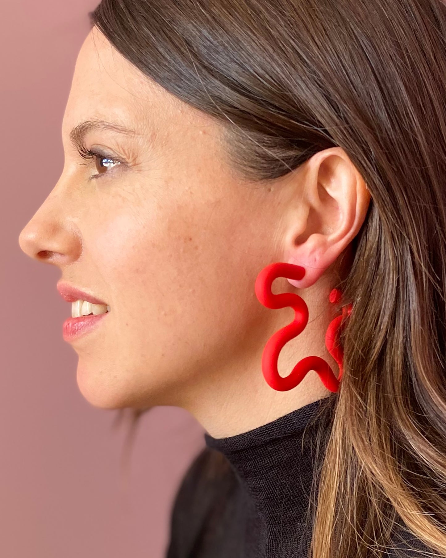Bright Red Large Squiggle Hoop Earrings