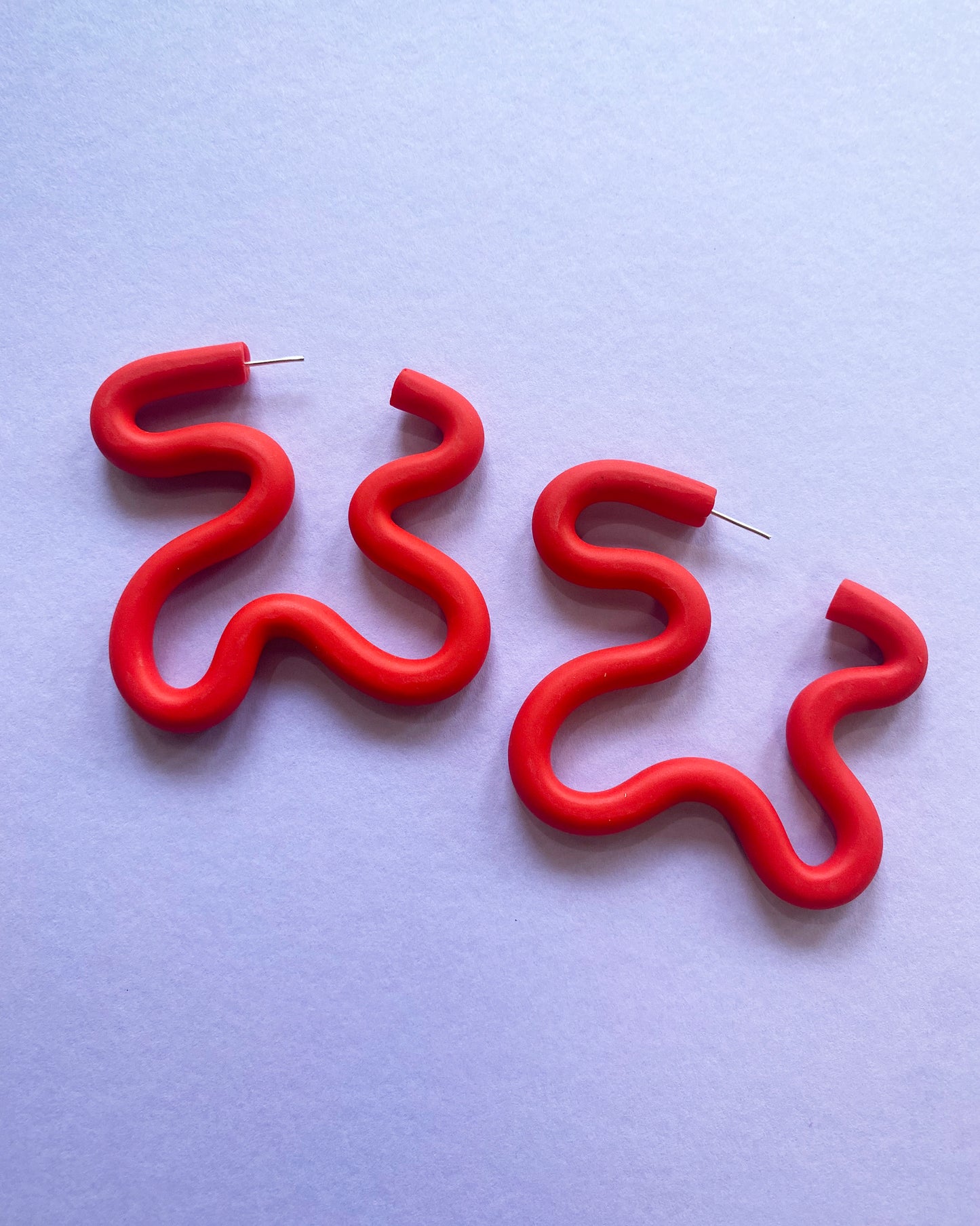 Bright Red Large Squiggle Hoop Earrings