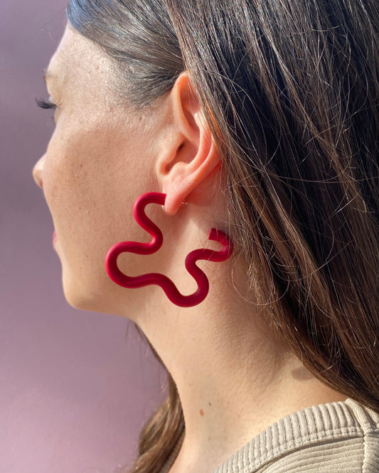 Warm Red Medium Squiggle Hoop Earrings